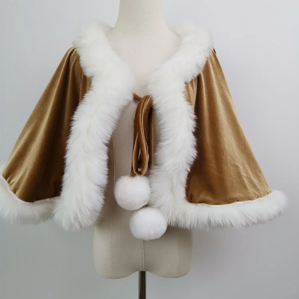 

Velvet Lady Wraps Opera Cape Short Tippet Women Stoles with White Fur for Maternity Photography Accessories Baby Shower Gift
