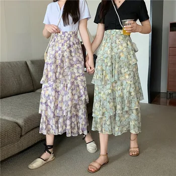 

2020 New Korean Style Retro High Waist Slim Irregular Floral Skirt Women's Midi Skirt