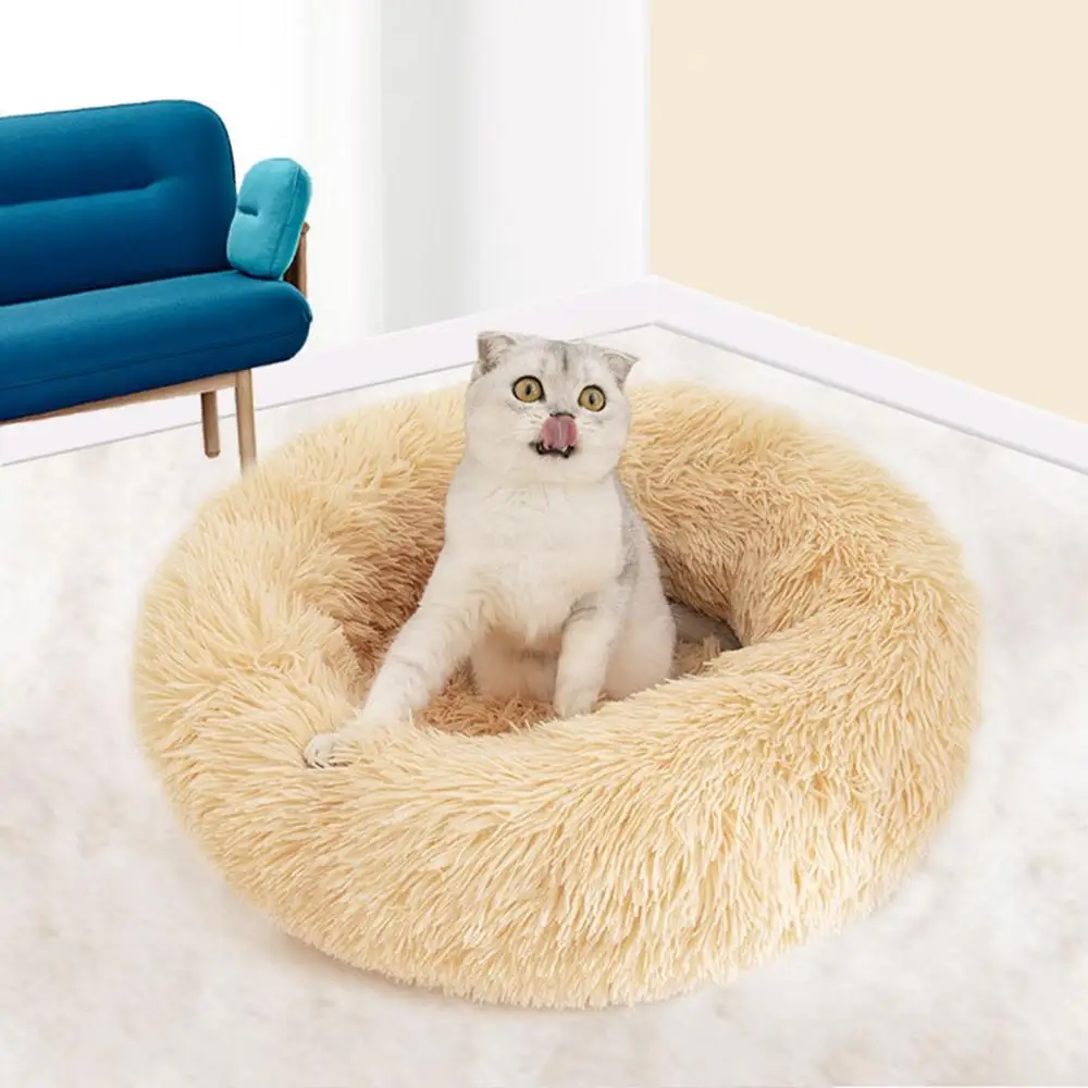 Round Dog Bed Cat Kennel Long Plush Soft Pet Bed House Puppy Dog House Mat Round Shape Soft Plush Comfortable Pet Cushion Nest