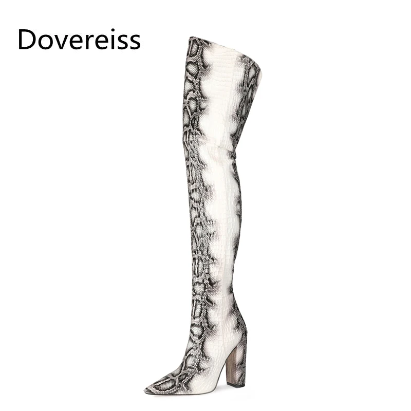 

Dovereiss Fashion shoes for woman Winter sexy Zipper Pointed Toe Block heels Snakeskin Elegant Over the knee boots Mature34-47