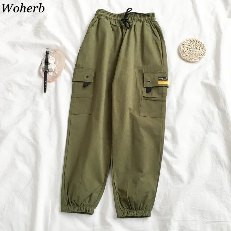 Woherb/Харадзюку BF брюки карго с карманами высокая талия свободные женские до