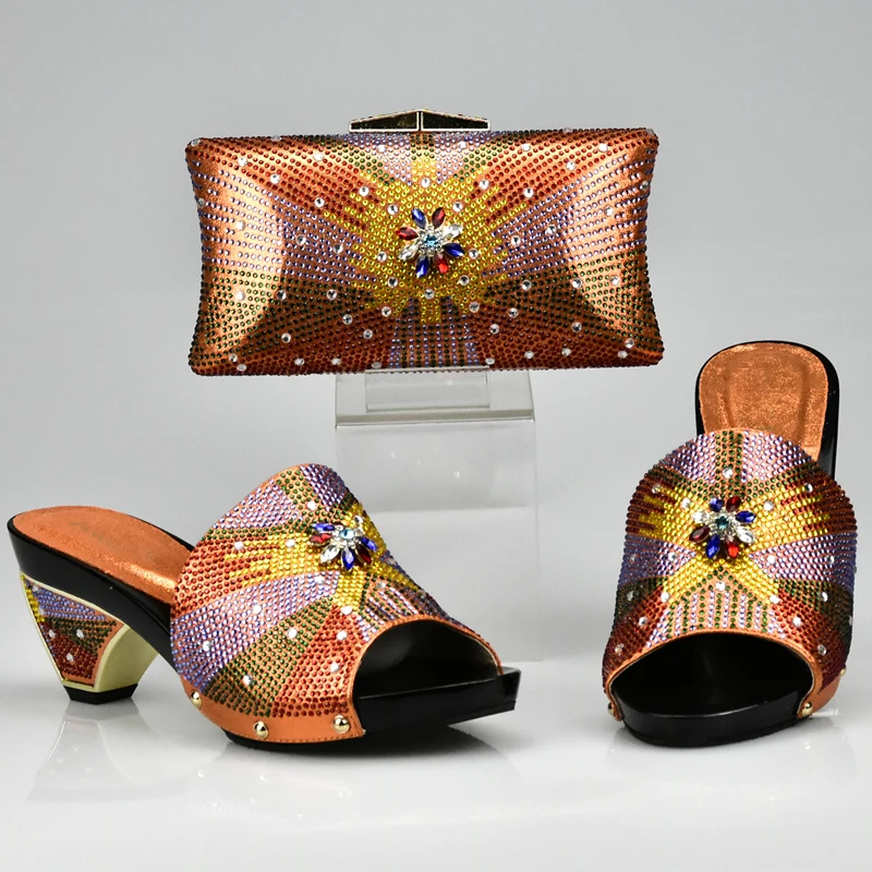 

2017 Italian Matching Shoes and Bag Set Orange Color Italian Shoes and Bag Set Decorated with Rhinestone Nigerian Women Shoe Bag