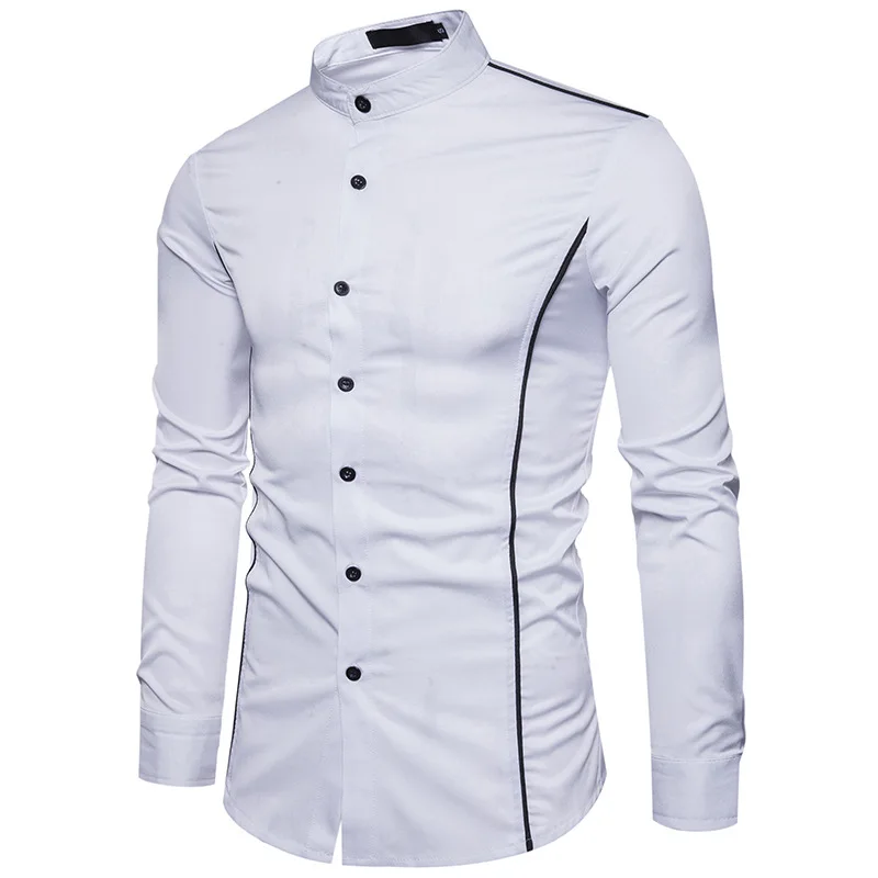 Повседневная стильная полосатая Лоскутная приталенная Мужская рубашка с принтом, рубашка с длинными рукавами и воротником-стойкой, Весенняя Camisa Masculina