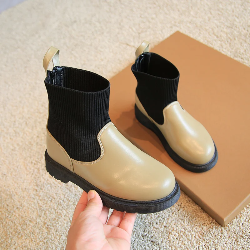 

2021 Autumn Kid's Shoes Boots ZIP Mixed Colors Round Toe Fashion Novelty Leisure Sweet Low Heel Flats Sock Boots