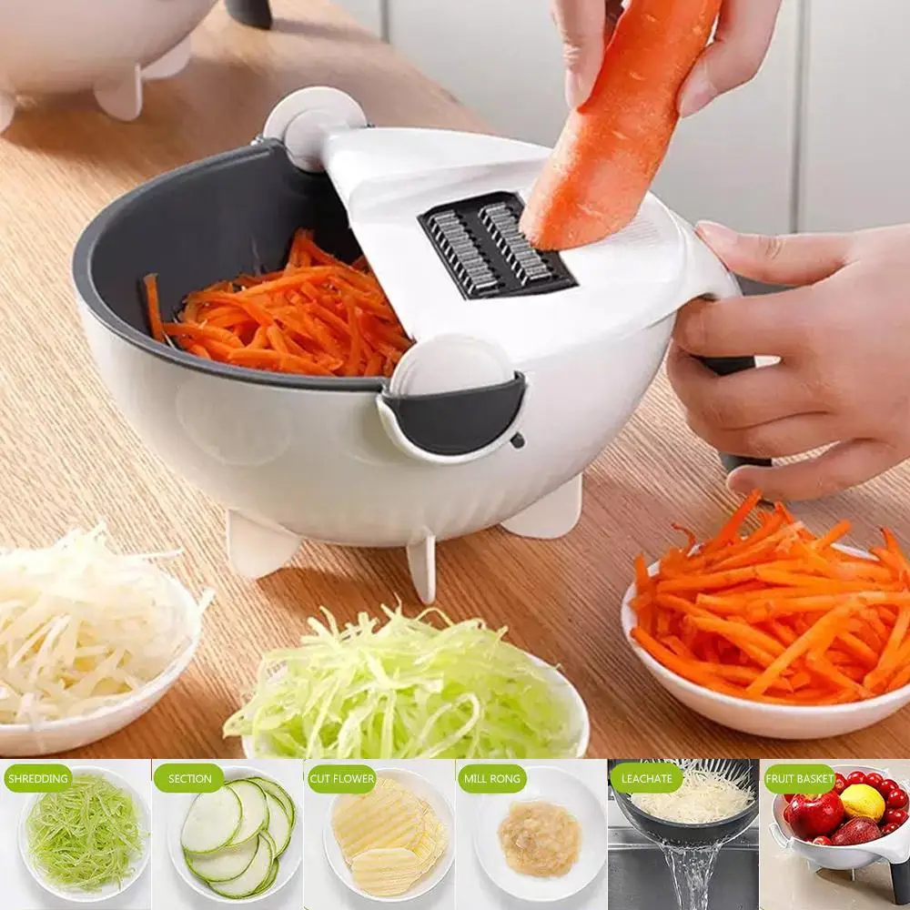 

9 in 1 Magic Multifunctional Rotate Vegetable Cutter with 8 Dicing Blade Kitchen Potato Shredder Salad Grater with Drain Basket
