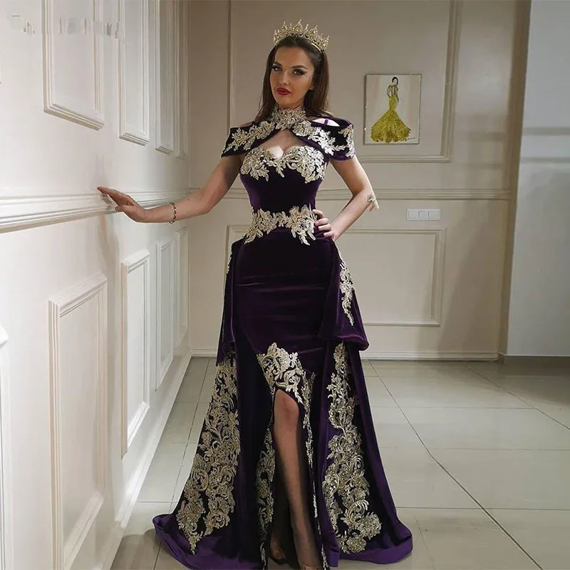 

Evening Dress with Detachable Train High Neck Appliques Side Split Velvet Mermaid Arabic Muslim Prom Party Dress
