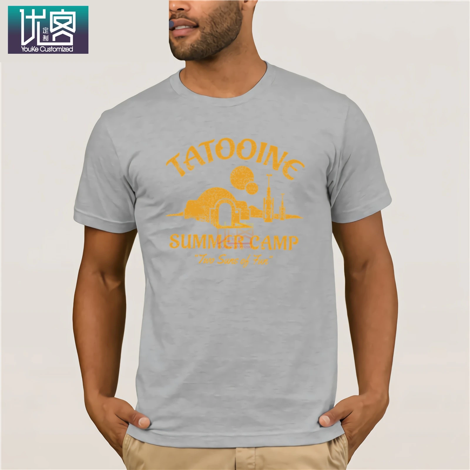 Tatooine/Летняя футболка с короткими рукавами и надписью «Camp Two Suns Of Fun»; Уникальный Повседневный Топ с короткими рукавами; Забавные футболки; хлопковые топы; футболка - Цвет: Light Grey