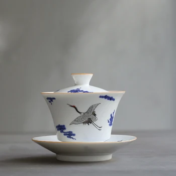 

110ml Blue and White Porcelain Gaiwan Chinese Ceramic Tea Bowl Kung Fu Tea Set Teacup Teapot Tea Tureen Drinkware Crane Decor