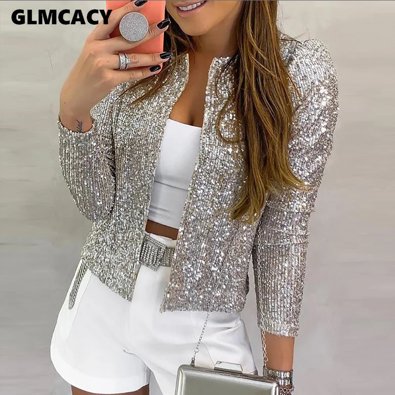 Women Glitter Coat Jacket Sequined Bling Bling Cool Party Clubwear