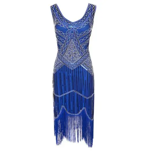 Винтажное платье «Грейт Гэтсби» 1920 s, лето, маскарадный костюм, v-образный вырез, рукав-крылышко, пайетки, бахрома, вечерние платья-миди - Цвет: Синий