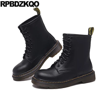 

round toe military black chunky combat women shoes fall block front lace up casual ankle boots autumn genuine leather big size