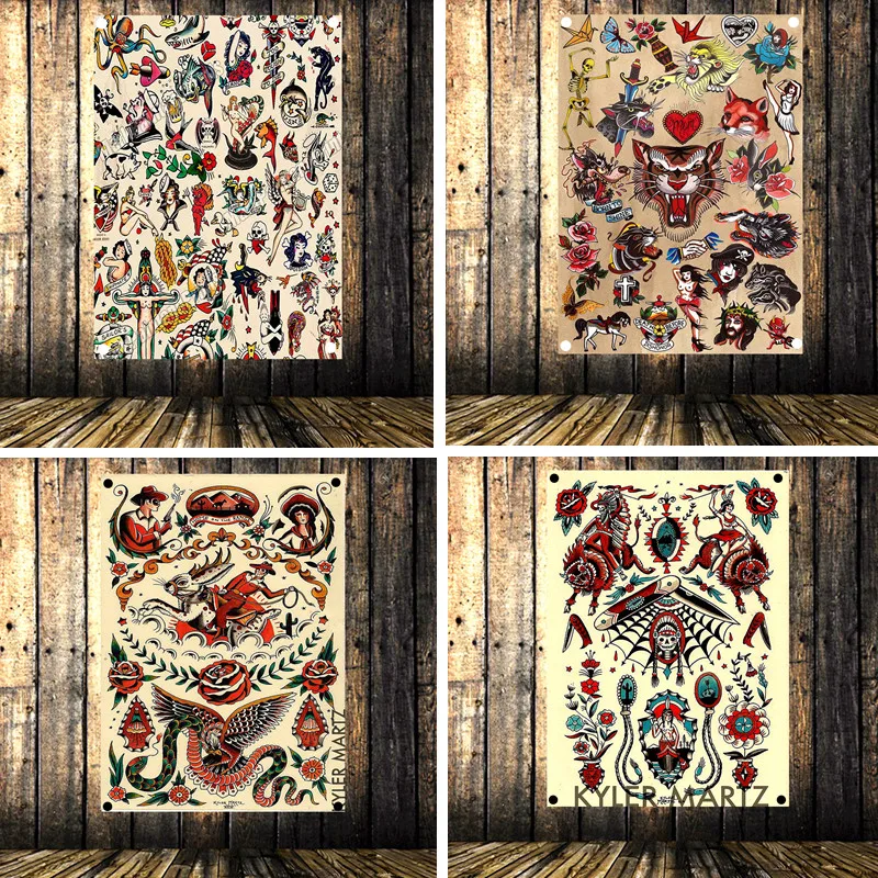 Retro Tattoo Poster Banner Flag Tapestry Wall Stickers Canvas Painting Hanging Cloth Art Bar Cafe Barber Shop Home Decor Y1 | Дом и сад