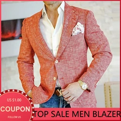 Fashion Men Blazer Slim Pink Notched Lapel Long Sleeve Single-Breasted Button Pocket Casual Coat Young Man Spring For Male Colth
