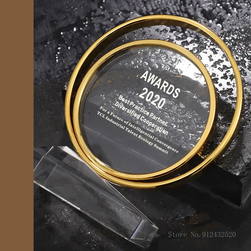Custom Metal Double Circle Crystal Trophy, Electroplating Gold, Creative Award, Wedding Souvenir, Black Base