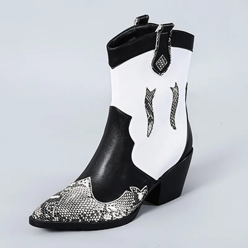 

2019 Classic Pointed Toe PU Leather Cowboy Ankle Boots Women Wedge High Heel Booties Snake Print Western Cowgirl Boot
