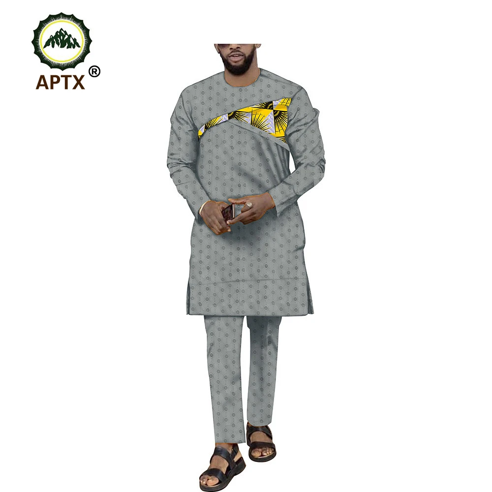 Buy APTX Muslim cotton suit for men jacquard fabric full sleeves side slit top+ slim pants men's casual suit T1916003