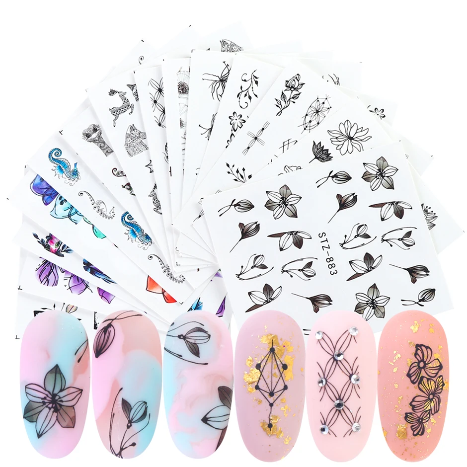 1 шт черные наклейки с цветами на ногти листья цветочные сверкающие ногти художественные украшения Водные Наклейки слайдер маникюр Дизайн CHSTZ880-901