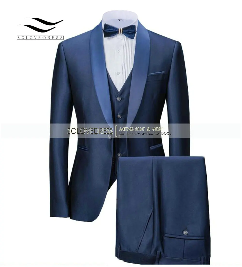 Navy Blue Solovedress, приталенный свадебный смокинг для жениха, смокинг для певицы, выпускной, мужской костюм, шаль с отворотом, 3 предмета, куртка, штаны, жилет, однотонная сценическая одежда M9 - Цвет: Navy Blue