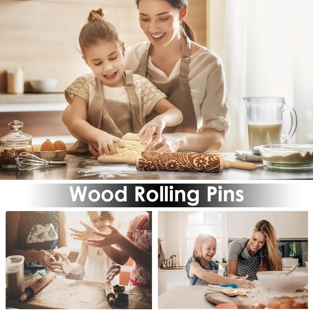 5 Types Christmas Rolling Pin Deep Embossed Christmas Tree Hot Flower Wooden Rolling Pins Kitchen Cooking Kneading Tool