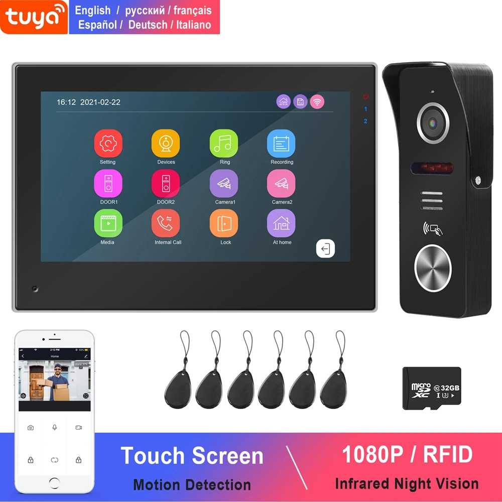TUYA Smart WIFI Video Intercom for Home Wireless IP Door Phone Intercom System  Touch Screen Monitor 1080P  Doorbell RFID Unlock
