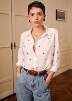 

2020 French Style Temperament Fresh Cotton Turn Down Collar Single Breasted Heart Shaped Embroidered Long Sleeve Blouse Women