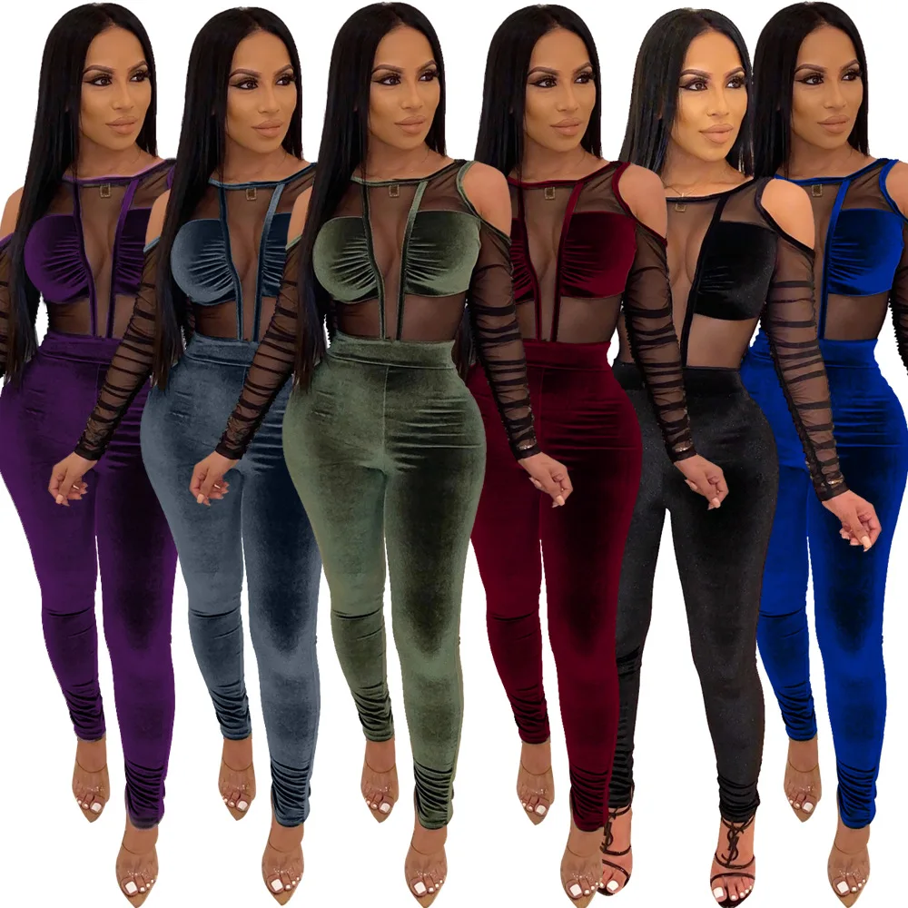 

Velvet & Pleated Mesh Patchwork Solid Color Long Sleeves Backless Sexy Hole Women Jumpsuit New Arrival Autumn Hot Style Rompers