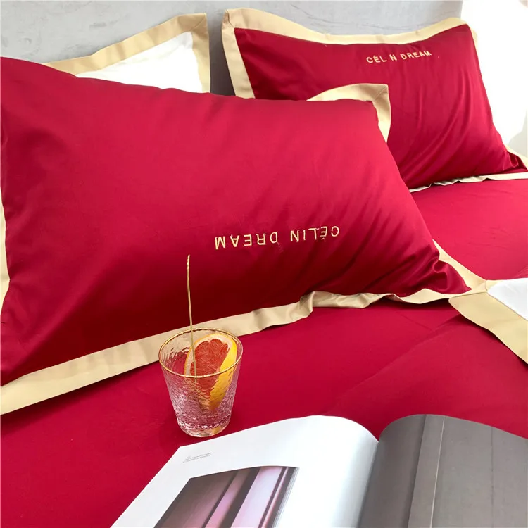 Embroidered European and American style simple color matching bedding 60 cotton bedding four-piece set