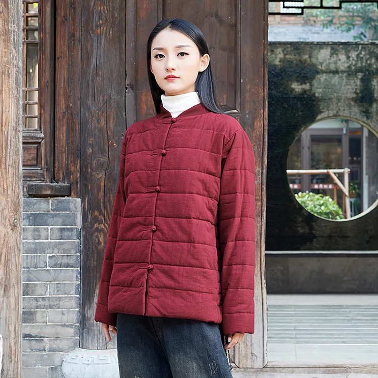 Парки с хлопковой подкладкой в стиле ретро с китайской лягушкой; зимняя одежда; коллекция года; однобортное плотное пальто - Цвет: Wine Red