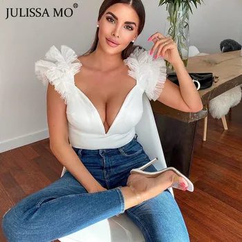 

JULISSA MO Black Ruffles Sexy V Neck Women Bodysuit Mesh Flutter Sleeve Bodycon Rompers Jumpsuit Summer Beach Party Overalls