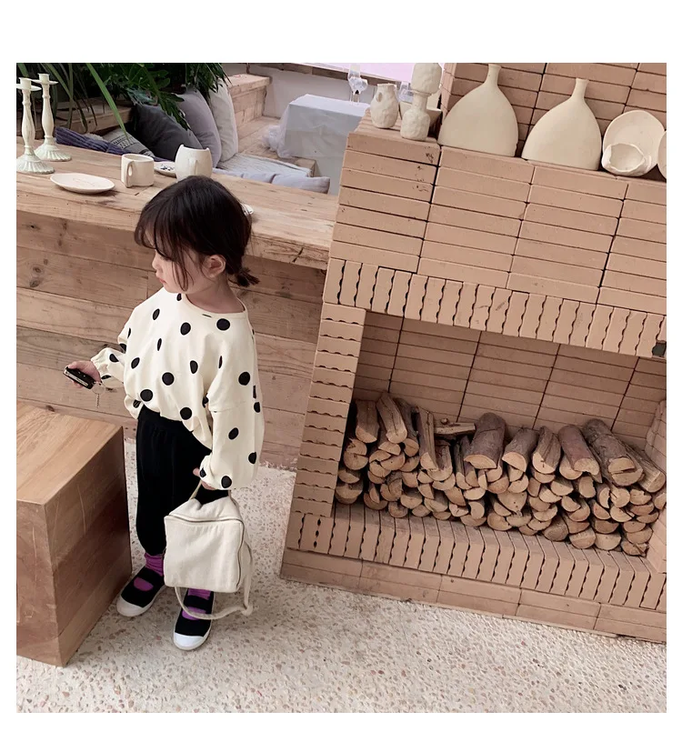 9 months to 7 years Old, весенне-осенние повседневные хлопковые топы в горошек с длинными рукавами для девочек, свободные универсальные футболки для маленьких девочек, футболки, LZ511