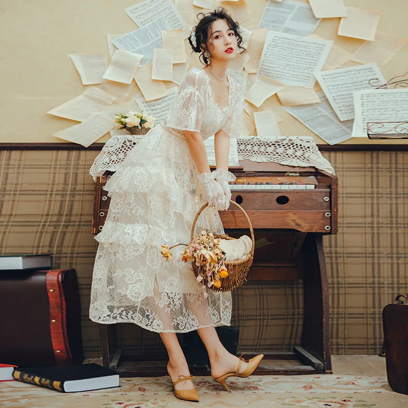 

2019 Autumn New Women Lace Dress Square Neck Short Sleeve Ruffled Long Dress Elegant Bridesmaid Party Dress Vestidos De Fiesta