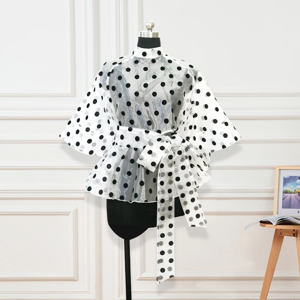Influence short sleeve peplum blouse in white polka dot