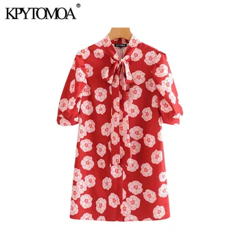 

KPYTOMOA Women 2020 Chic Fashion Floral Print Mini Dress Vintage Bow Tie Collar Short Sleeve Female Dresses Vestidos Mujer