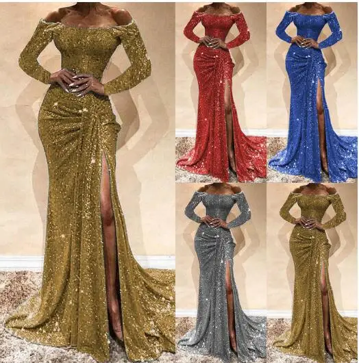 2022 Girls Sexy Boat Neck Off Shoulder Sequined Evening Gowns Side Split Mermaid Dress Long