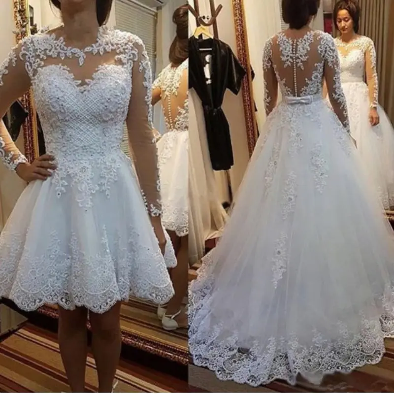 Новые съемные шлейф принцесса Vestido De Noiva аппликационные Жемчужины для Кружева Свадебные платья 2 в 1 бальное платье Свадебные платья