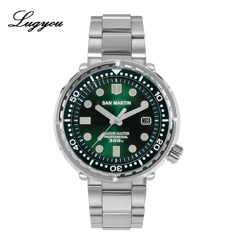 Lugyou Сан Мартин тунец SBBN015 автоматические мужские часы для дайвинга из нержавеющей стали 300 м водостойкие солнечные лучи циферблат металлический браслет - Цвет: Bracelet Green