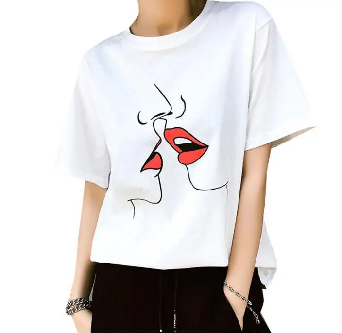 

Women casual O-Neck Graphic Funny Cute Kiss Pattern T-Shirt 2020 Summer Tshirt Printed Short Sleeve Harajuku Tee Tops