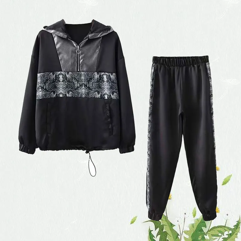 

Animal Print Women Two Piece Set Outfit Hooded Jacket Women 2019 Spring Ladies Chic Snake Patchwork Joggers Pant Set with Pocket
