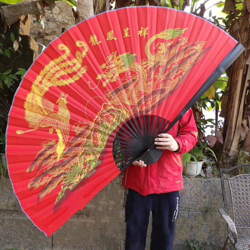 

Large Red Decorative Fan Chinese Dragon and Phoenix Fans Classical Wall Mount Deractive Gift Fan Oversize Folding Cloth Fan