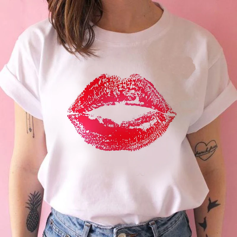 Women's Wreath T-shirt Close up lipstick clothes ladies short sleeve Kawaii Tees top graphic T-shirt printing T-shirt female