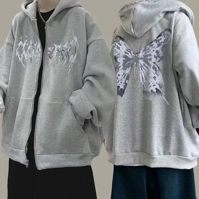 Y2k Butterfly Hoodie Women'S Zipper Harajuku Sweatshirt Fall/Winter Couples European And American Punk Oversized Hoodie Jacket L-0013 grey