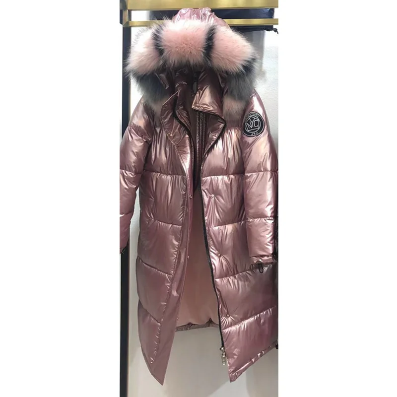 Pink Colorful Collar Высокое качество, новинка, Зимняя женская куртка, теплая, утолщенная, с капюшоном, с мехом, длинное пальто, блестящая ткань, стильная женская парка - Цвет: Pink Colorful Collar