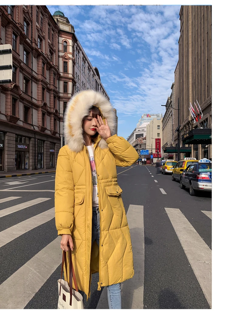 According to Nalini Korean-style Slim Fit Autumn& Winter down Jacket Long Loose-Fit Large Fur Collar Cotton Overcoat Coat