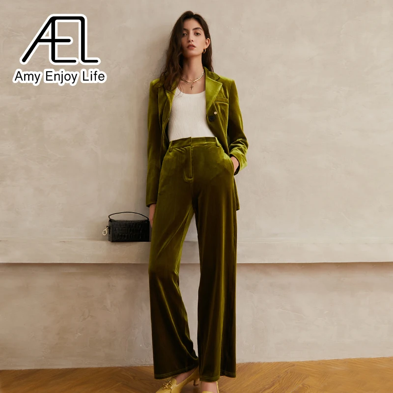 

AEL Velvet Trouser Suit Women Thickening Blazer Yellowish-Green Winter Ankle-Length Pants Wide Leg 2-Piece Set