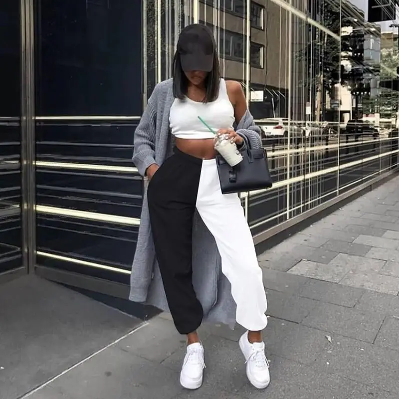 

2019 High Waist Patchwork Sporty Harem Pants Autumn Winter Women Casual Loose Trousers Spliced Elastic Waist Pockets Pants