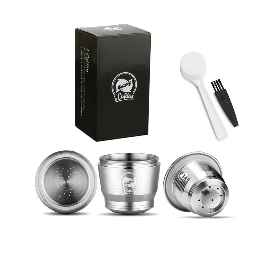 

iCafilas Nespresso Reusable Filters Refillable Coffee Capsule Pod Stainless Steel Espresso Coffee filters and Tamper XY012