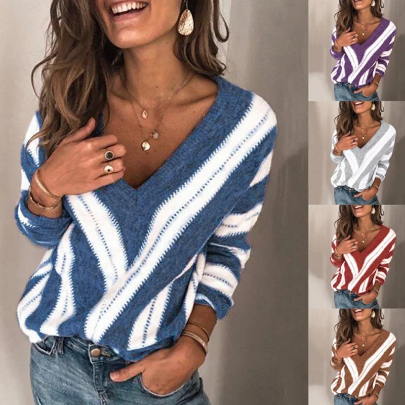 Suéter de manga larga con cuello de pico para mujer, Jersey suelto de punto, Tops sexys, almazuela de rayas, estampado elegante, nuevo, otoño
