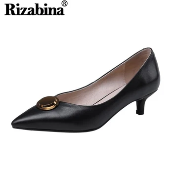 

RIZABINA Women Single Shoes Fashion Thin Heel Pumps Shoes Women Stylish Pointed Toe Gold Button Real Leather Footwear Size 34-39
