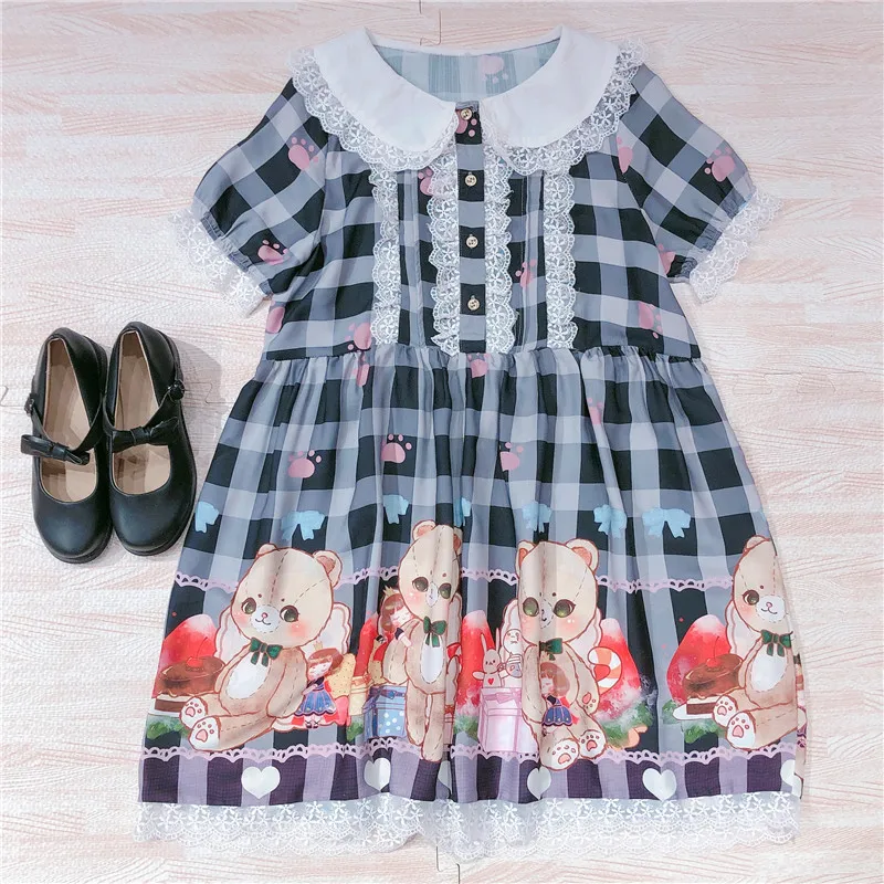 Японское летнее женское платье Kawaii Lolita с коротким рукавом принтом медведя