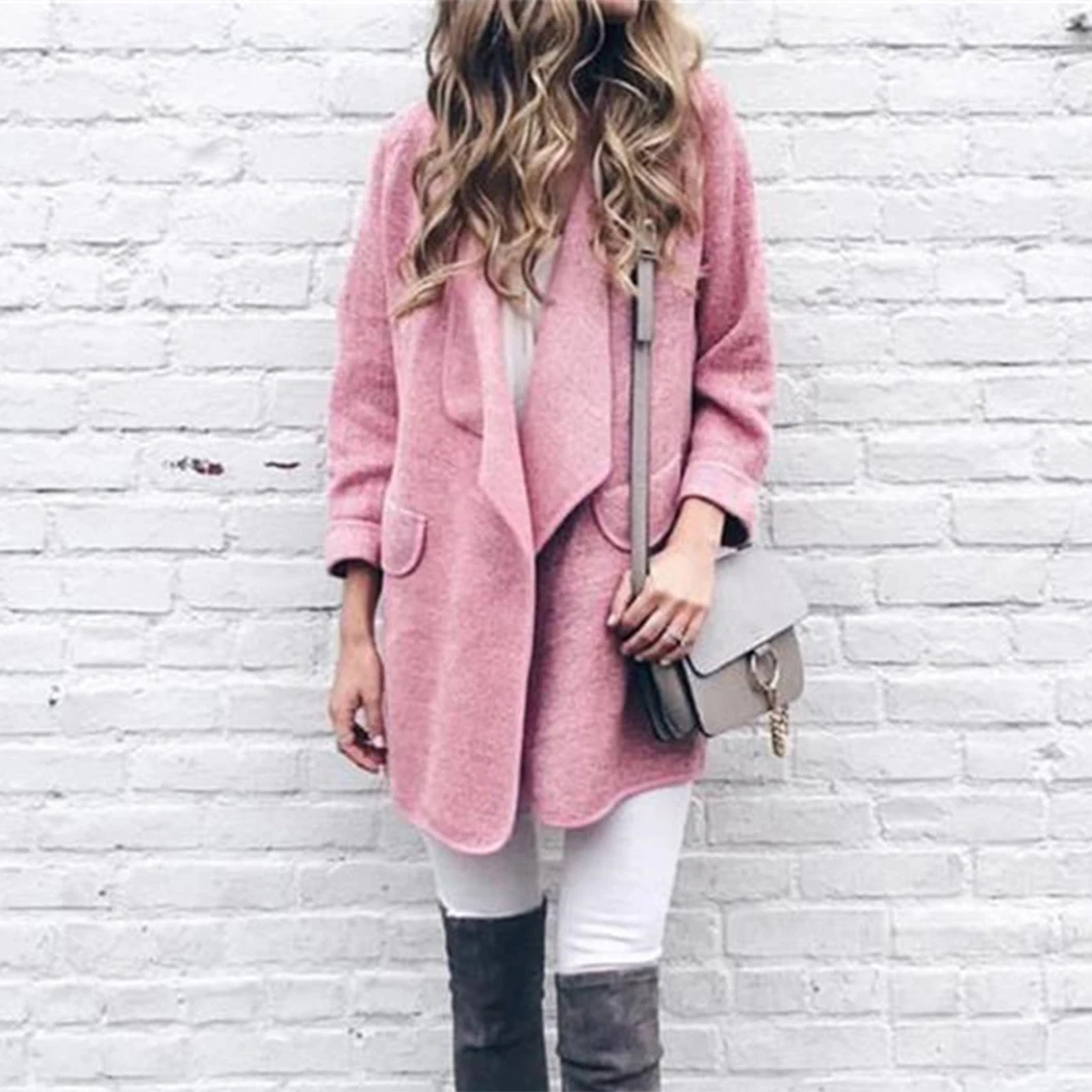 Women Lapel Long Jacket Coats Autumn Winter Long Sleeve Cardigan Wool Coat Outwear Female Solud Color Woolen Coats Overcoat